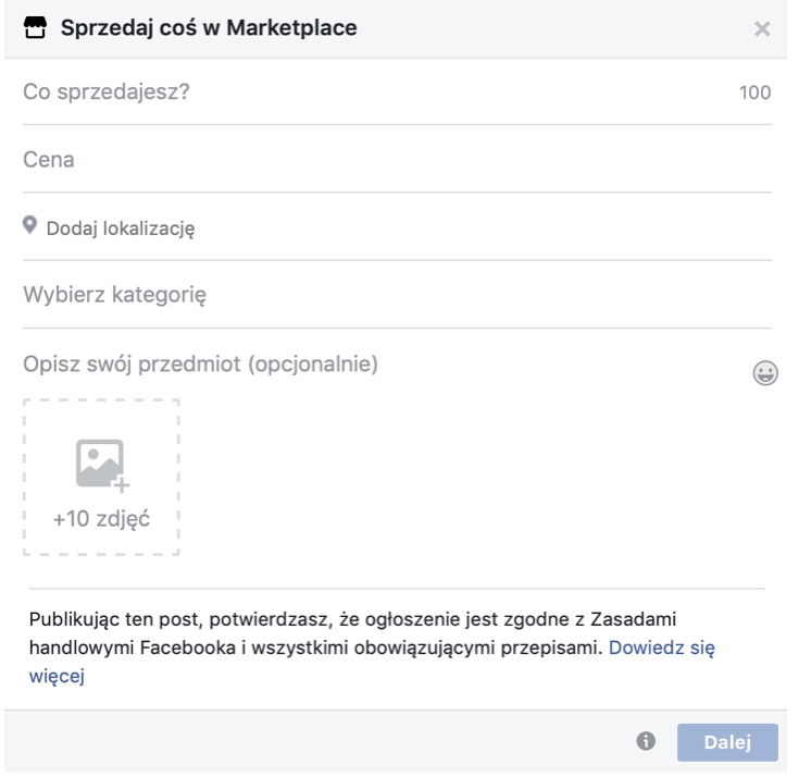 Okno Marketplace na Facebooku