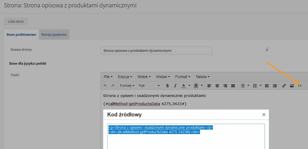 Dodawanie produktów do stron informacyjnych