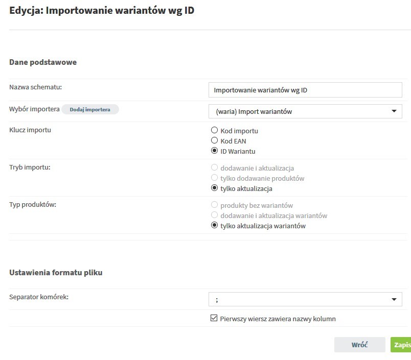 Schemat importu wariantów