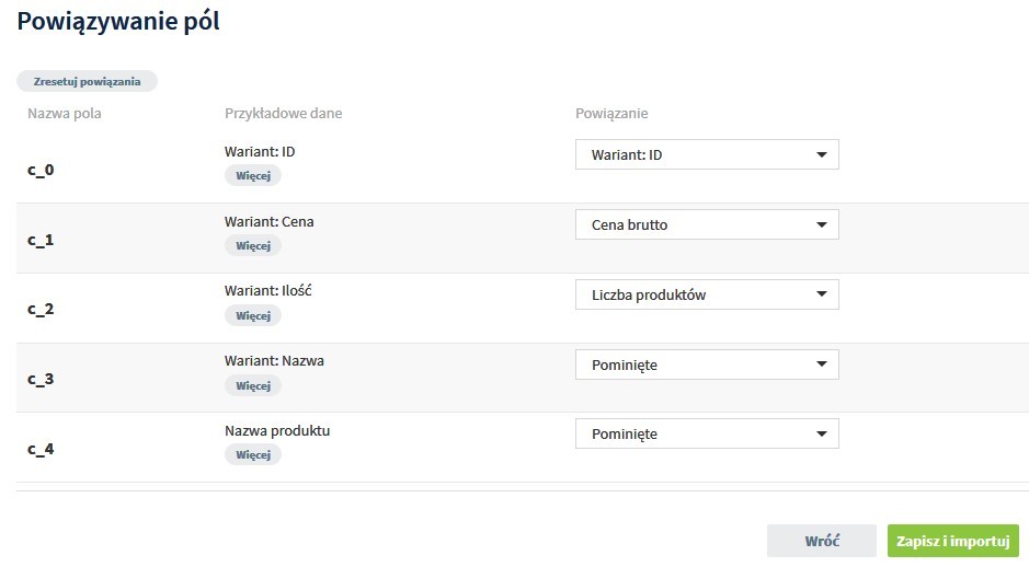 Schemat importu wariantów
