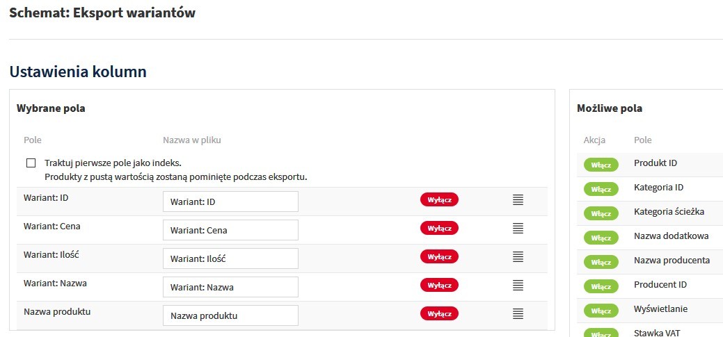 Schemat eksportu wariantów