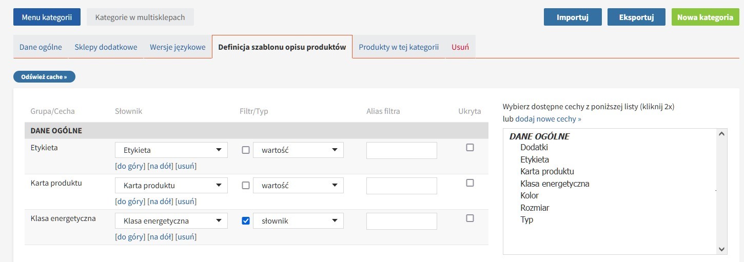 Definicja szablonu opisu produktów