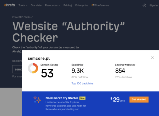 Analiza autorytetu domeny na podstawie odnośników zewnętrznych.