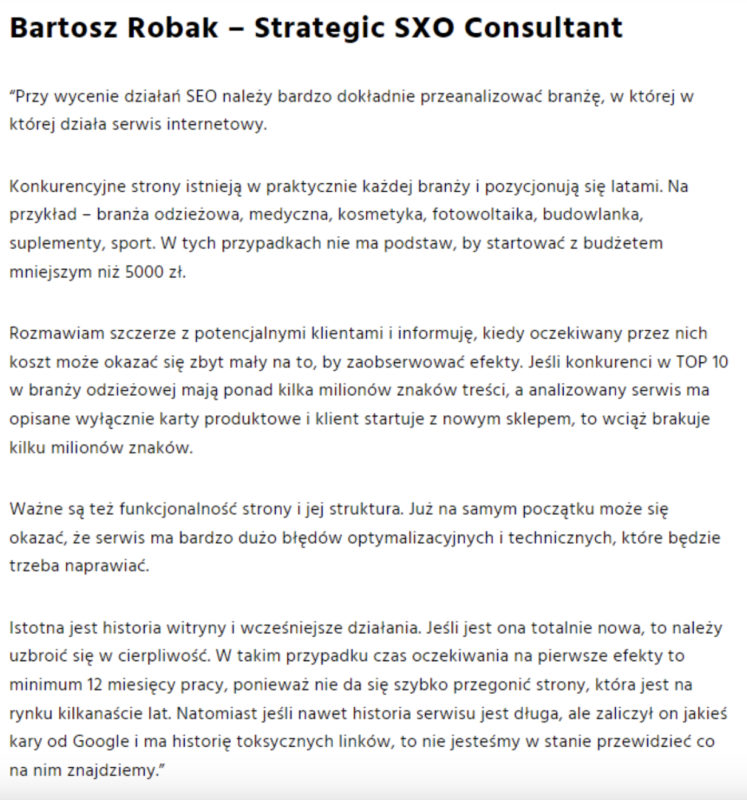 Przykładowa wypowiedź specjalisty na temat wyceny działań pozycjonerskich