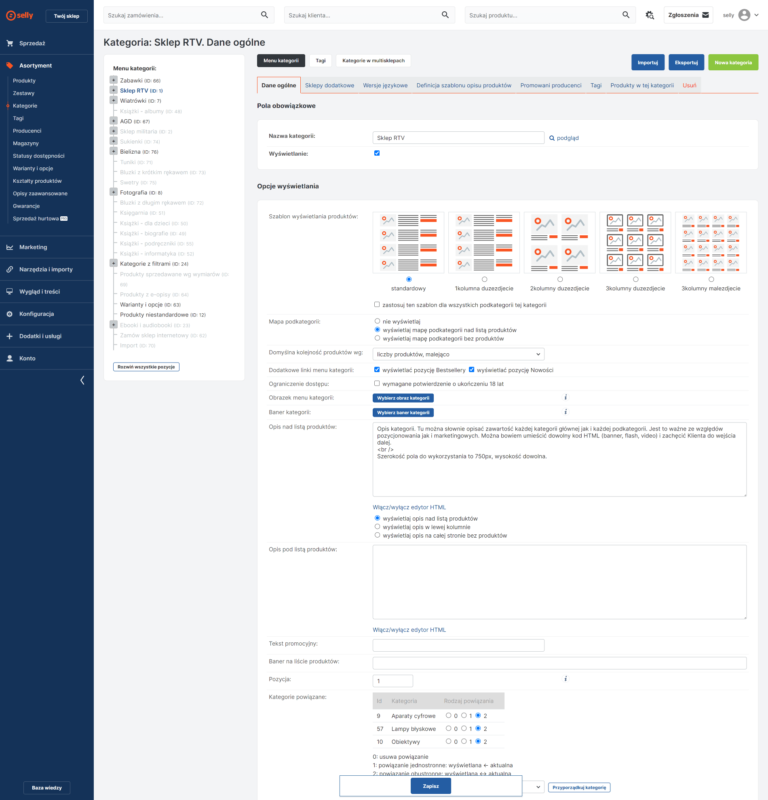 Panel edycja kategorii
