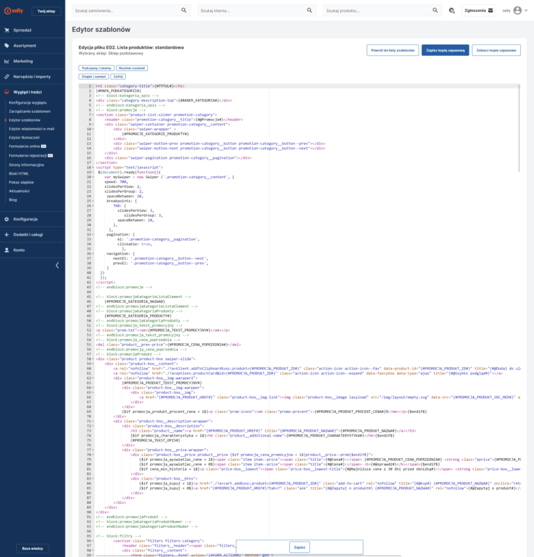 Panel edytor szablonu