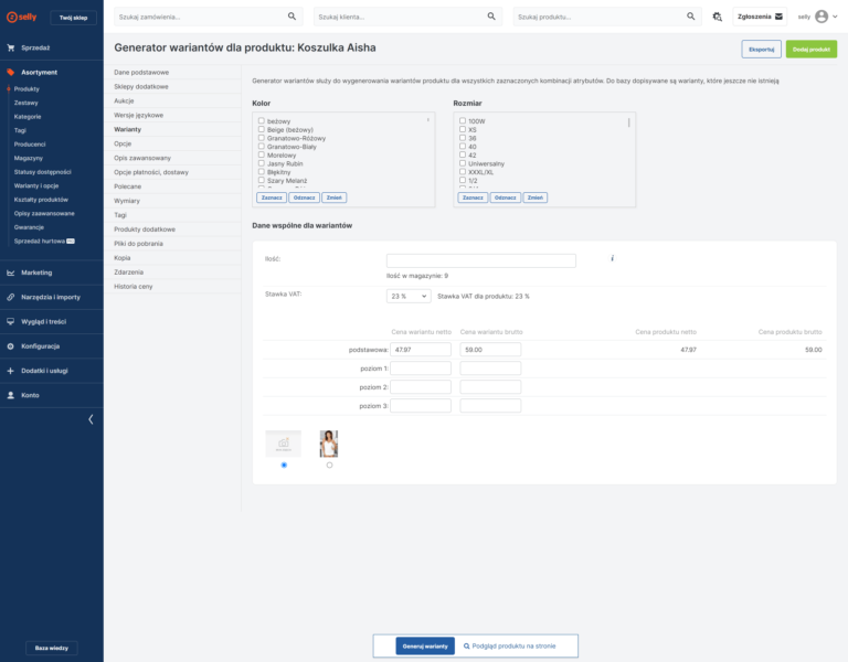 Panel generator wariantów