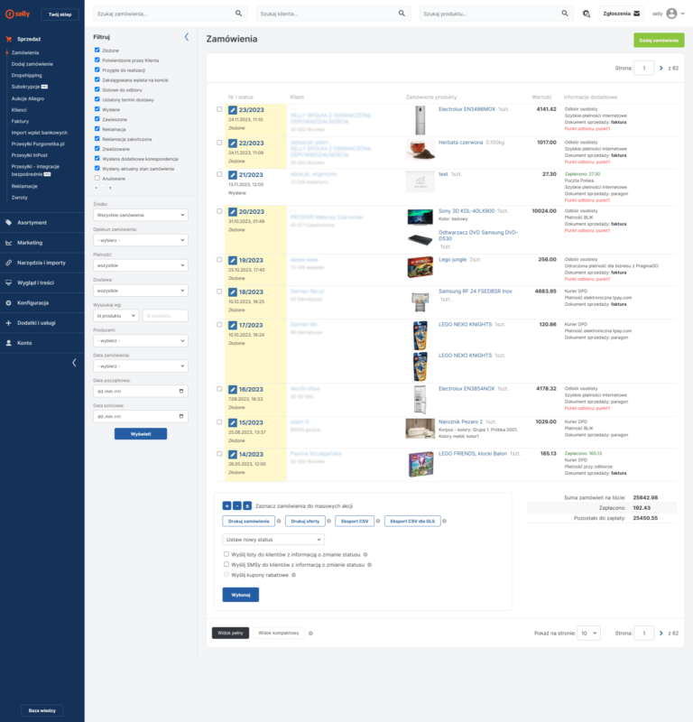 Panel lista zamówień