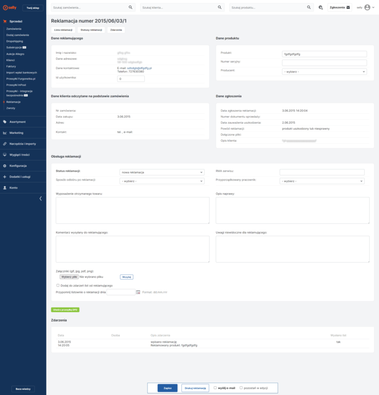 Panel reklamacja szczegóły