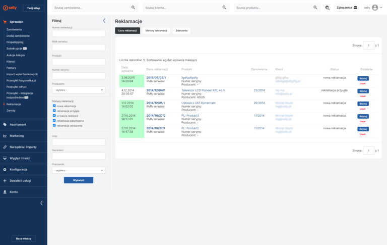 Panel reklamacje lista