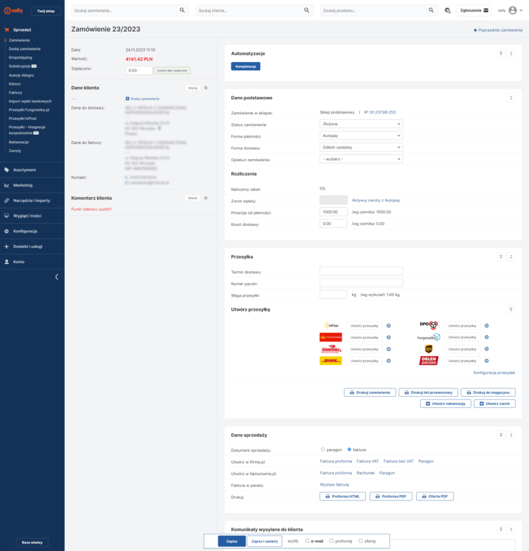 Panel szczegóły zamówienia