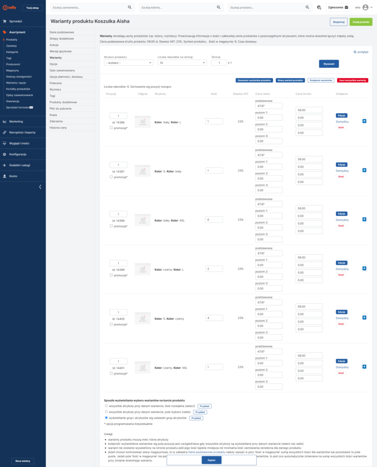 Panel warianty produktu