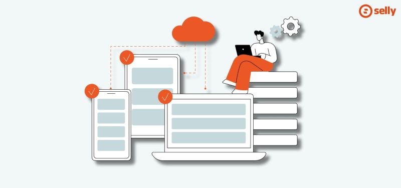 Kreskówkowa grafika skalowania sklepów na tablet, laptop i telefon komórkowy. Temat wpisu: Co to jest SaaS?