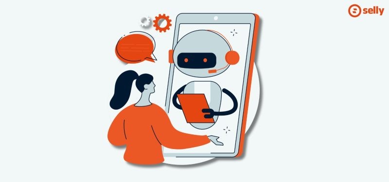 AI w e-commerce. Grafika przedstawiająca kreskówkowego chatbota rozmawiającego z kobietą