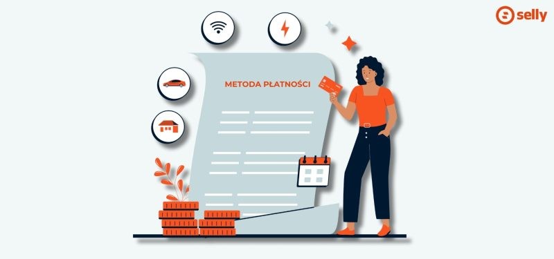 Kreskówkowa grafika z kobietą wybierającą metodę płatności przy zakupie.