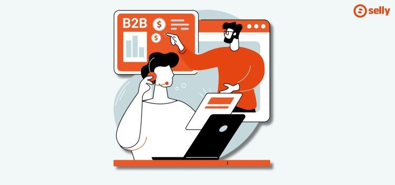 Kreskówkowa grafika mężczyzny rozmawiającego z klientem B2B.