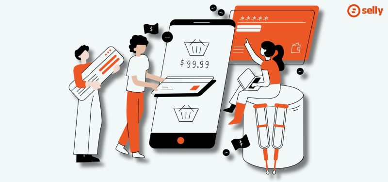 Cele sprzedażowe - grafika ludzi siedzących przy telefonie i sprawdzających ceny.