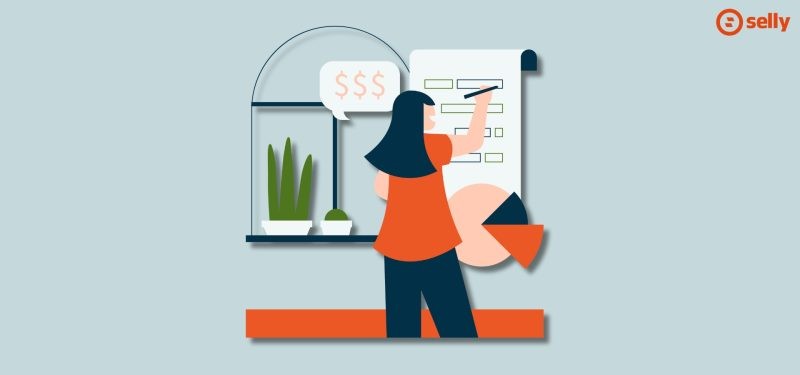 Kreskówkowa grafika kobiety, która rozpisuje swoje finansowe plany na białej kartce. Temat: hurtownie dropshipping bez firmy