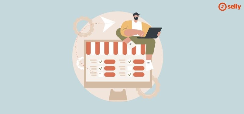 Kreskówkowa grafika mężczyzny siedzącego na swoim ekranie komputera i prowadzącego sklep. Temat: hurtownie dropshipping bez firmy