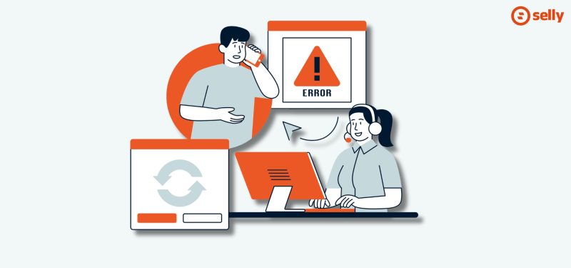 Kreskówkowa grafika przedstawiająca rozwiązywanie problemu przez support w e-commerce.