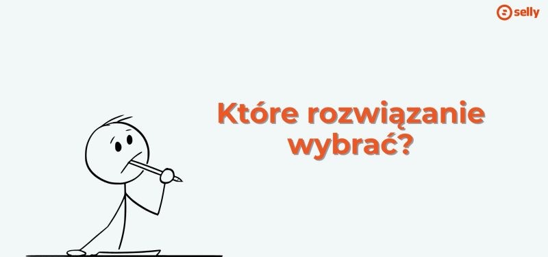 Grafika kreskówkowego chłopka, który się zastanawia i napis "które rozwiązanie wybrać"