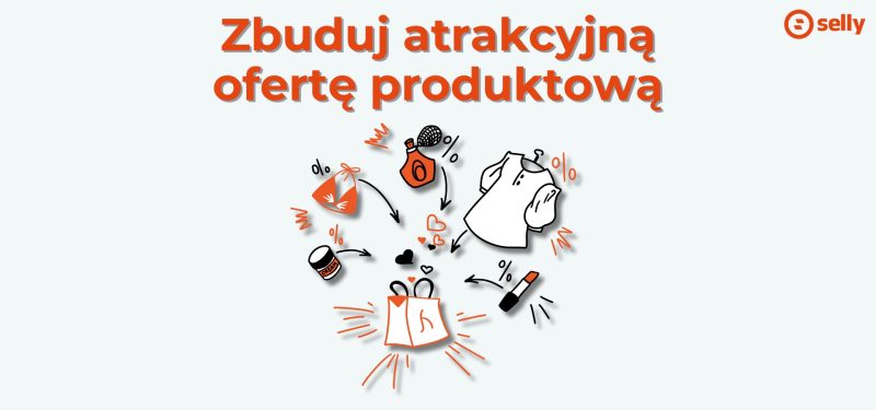 Napis: zbuduj atrakcyjną ofertę produktową. Grafika różnych produktów - koszulki, szminki, perfum. Temat wpisu: jak założyć hurtownię internetową?