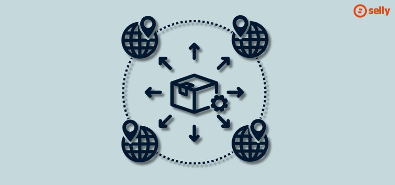 Grafika ukazująca kanały dystrybucji. Paczka w środku, która jest wysyłana we wszystkie lokalizacje na świecie.