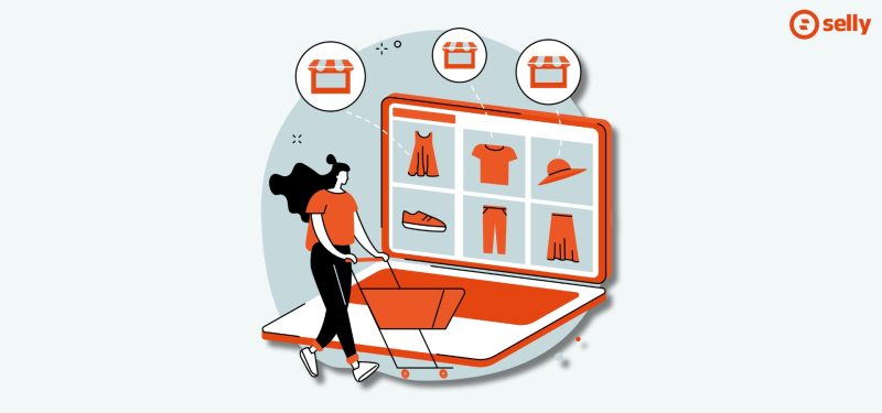 Grafika klientki wybierającej co chce kupić przez laptopa.