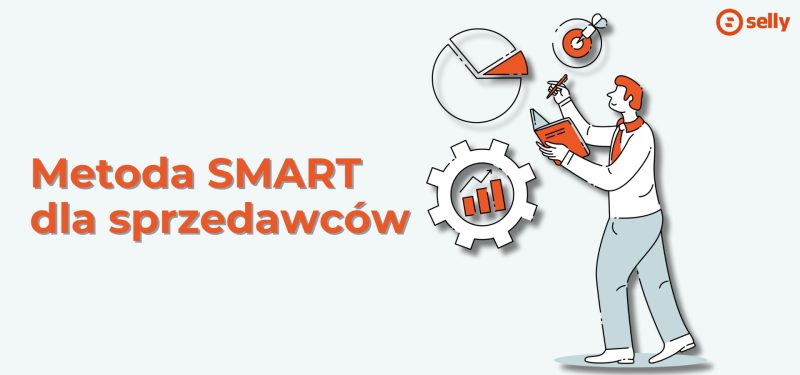 Grafika z człowiekiem zapisującym cele sprzedażowe. Napis: Metoda SMART dla sprzedawców.