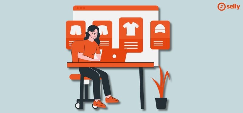 Prowadzenie sklepu internetowego. Grafika przedstawiająca kobietę, która siedzi przy laptopie i zajmuje się sprzedażą. Całość w kolorach pomarańczowych.