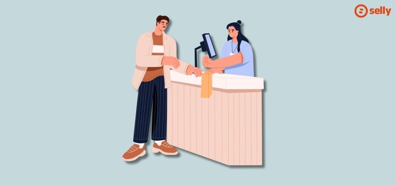 Grafika sprzedawcy i klienta przy ladzie. Temat wpisu: kanały dystrybucji.