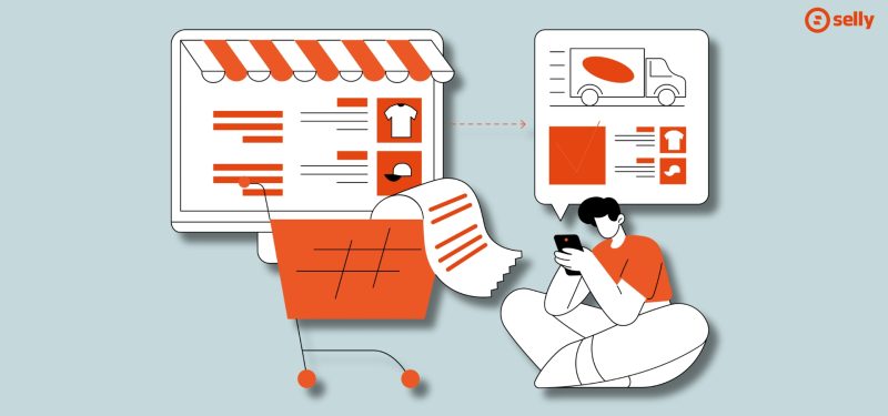 Grafika kreskówkowa - chłopak korzysta z koszyka zakupowego. Nawiązanie do tematu - opinie o magento