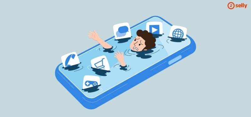 Grafika chłopca tonącego w ekranie telefonu, z którego wychodzą ikonki - zakupów, youtube, pada do gier itp. Temat wpisu: pokolenie alfa w e-commerce.