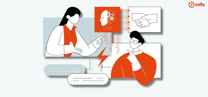 Kobieta i mężczyzna - kreskówkowa grafika - rozmawiają ze sztuczną inteligencją