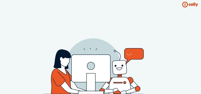 Grafika kobiety i robota przy laptopie. Nawiązanie do AI w e-commerce