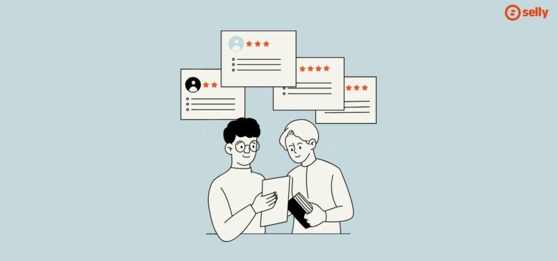 Grafika dwóch osób czytających opinie o produktach.