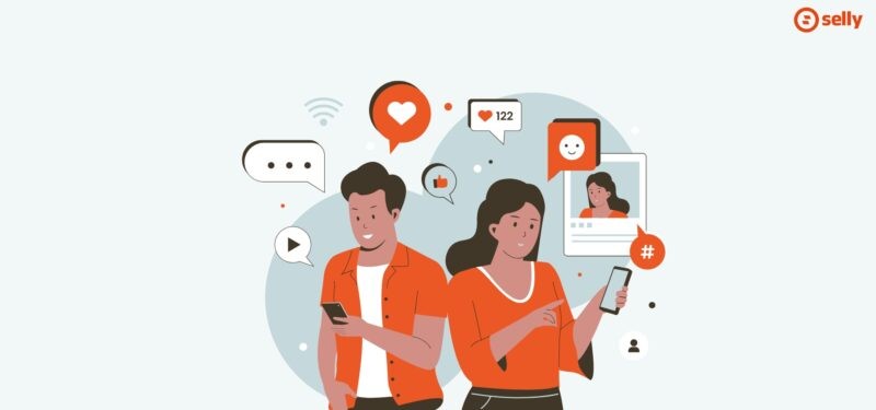 Grafika kreskówkowa kobiety i mężczyzny przeglądających media społecznościowe. Temat wpisu: Integracja sklepu internetowego z mediami społecznościowymi