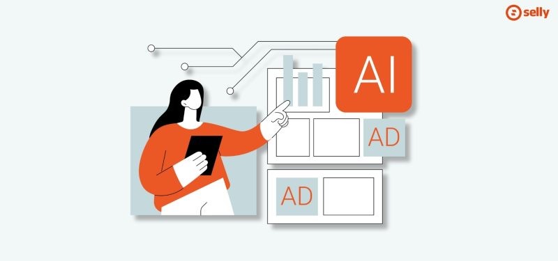 Grafika kobiety, która ma symbolizować wsparcie AI przy marketingu treści. Temat: sztuczna inteligencja w e-commerce.