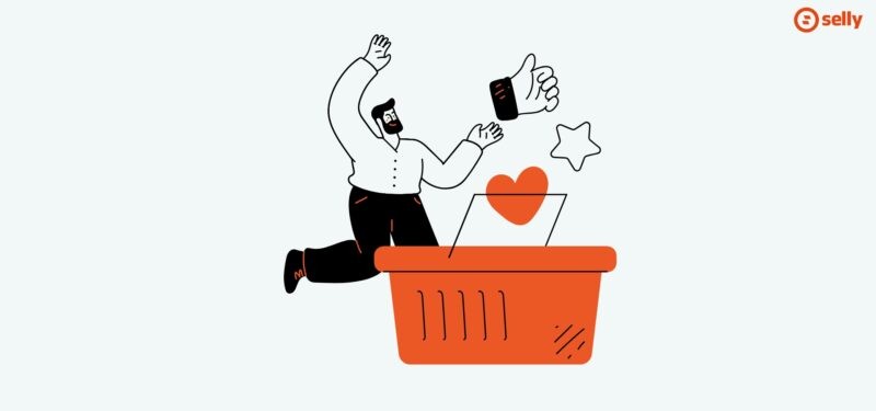 Grafika mężczyzny, który się cieszy przy dużym koszyku zakupowym.