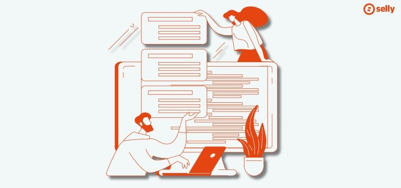 Kreskówkowa grafika kobiety i mężczyzny, którzy piszą opis produktu na laptopie.