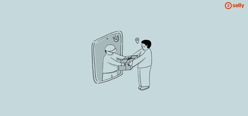 Grafika kreskówkowa mężczyzny odbierającego przesyłkę przez ekran. Temat wpisu: zakładanie sklepu internetowego