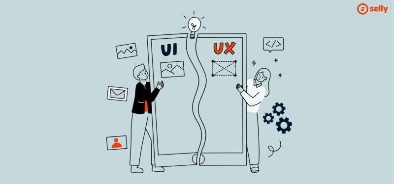 Kreskówkowa grafika dwóch osób, które projektują stronę w oparciu o UX/UI - temat wpisu: UX/UI w polskim e-commerce