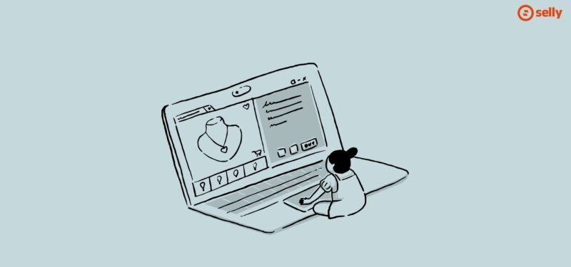 Kreskówkowa grafika kobiety siedzącej przed laptopem i szukającewj biżuterii do kupienia. Temat wpisu: Czy założenie sklepu internetowego to dobry pomysł?