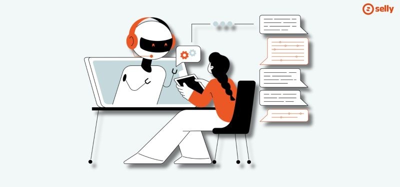 Robot wychodzący z komputera rozmawiający z kobietą. Temat wpisu: wpływ AI na wyszukiwanie treści.