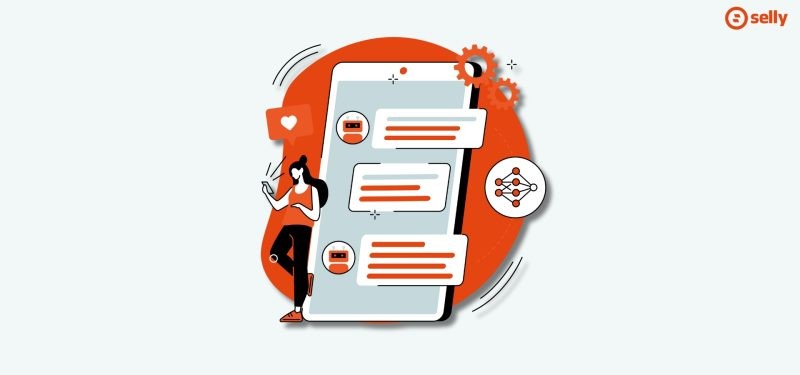 Kreskówkowa kobieta pisząca z botem na chacie. Temat wpisu: Wpływ AI na wyszukiwanie treści.