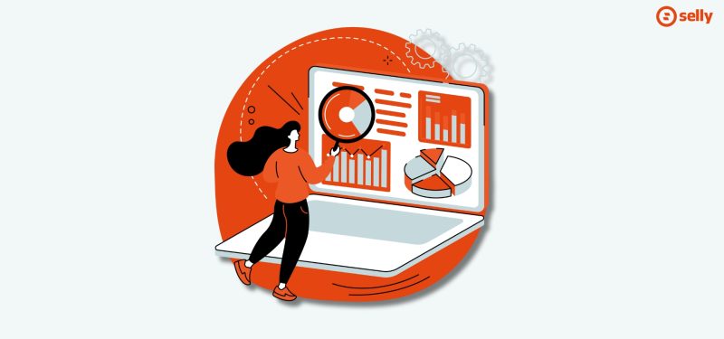 Kreskówkowa grafika monitorowania marketingu i statystyk w sklepie internetowym. Temat wpisu: najczęstsze błędy w e-commerce.