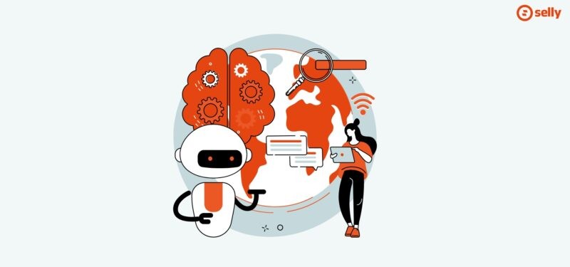 Grafika robota AI na tle świata, który łączy się z kobietą przez laptop. Temat wpisu: zaufanie klientów do AI