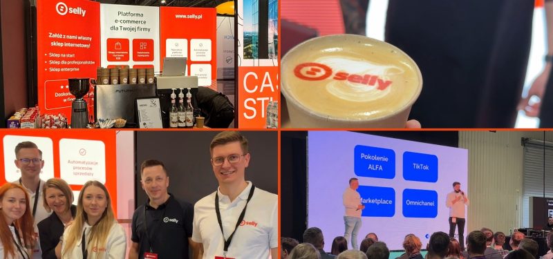 Kolaż zdjęć naszego zespołu Selly z targów ehandlu 2025. Nasze stanowisko z kawą, zdjęcie naszej ekipy i zdjęcie preselekcji.