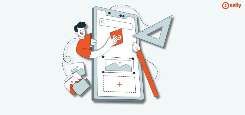 Kreskówkowa grafika, która ma pokazywać UX w sklepie internetowym. Temat wpisu: Najczęstsze błędy w e-commerce.