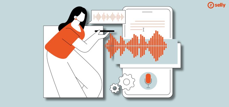 Kreskówkowa grafika kobiety, która wyszukuje głosowo informacje na swoim telefonie.